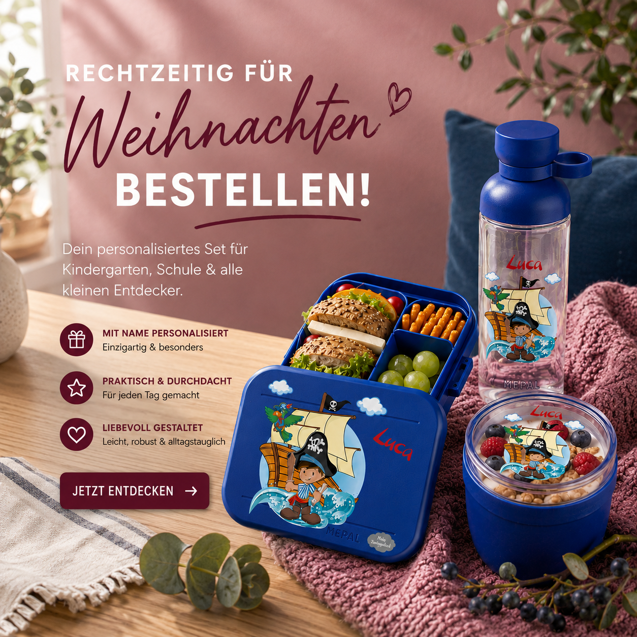 Personalisierte Brotdose Trinkflasche Set Personalisierte Brotdose & Trinkflasche Set – Schildkröte Silhouette Mit Namen, Bento-Einsatz & Pop-up-Flasche Für Kinder (Pink)