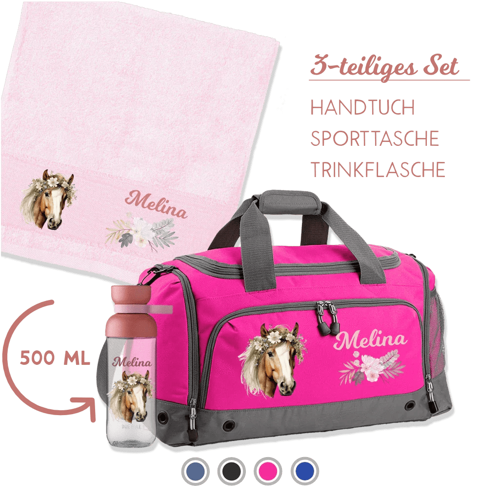 Sporttasche, Handtuch & Trinkflasche mit Namen personalisiert 3-teiliges Set
