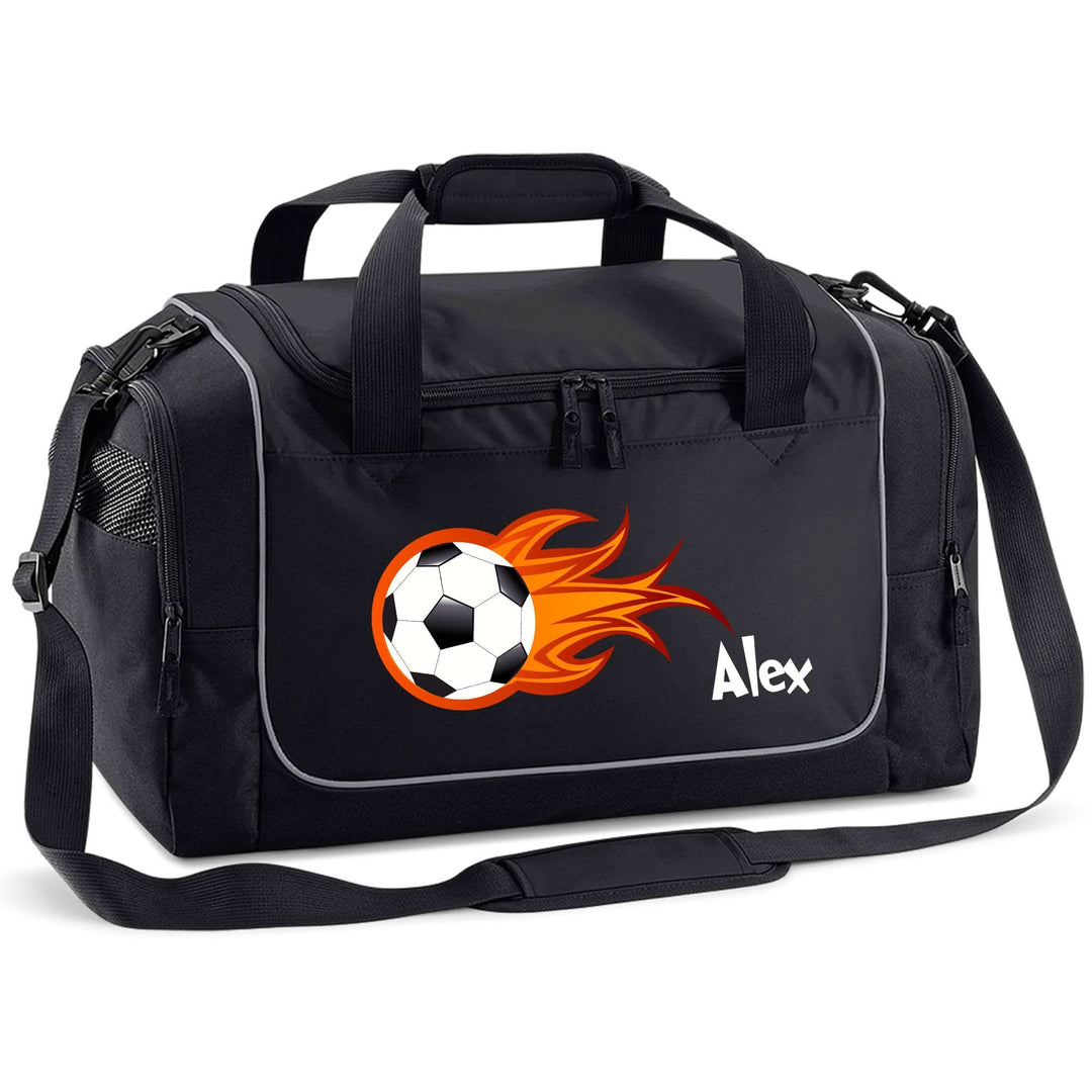 Kinder-Sporttasche mit Namen personalisiert, 38L schwarz mit Fußball-Flammen Motiv