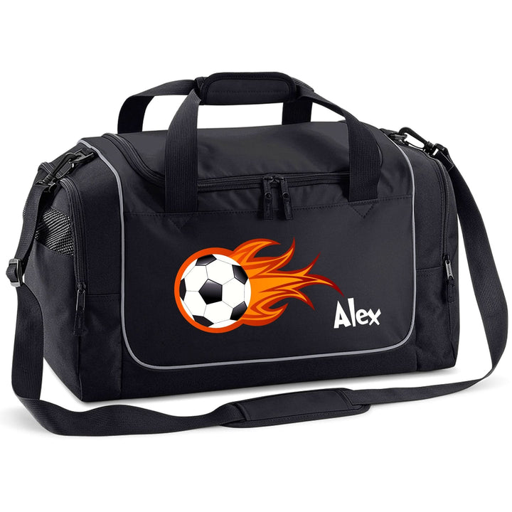 Kinder-Sporttasche mit Namen personalisiert, 38L schwarz mit Fußball-Flammen Motiv