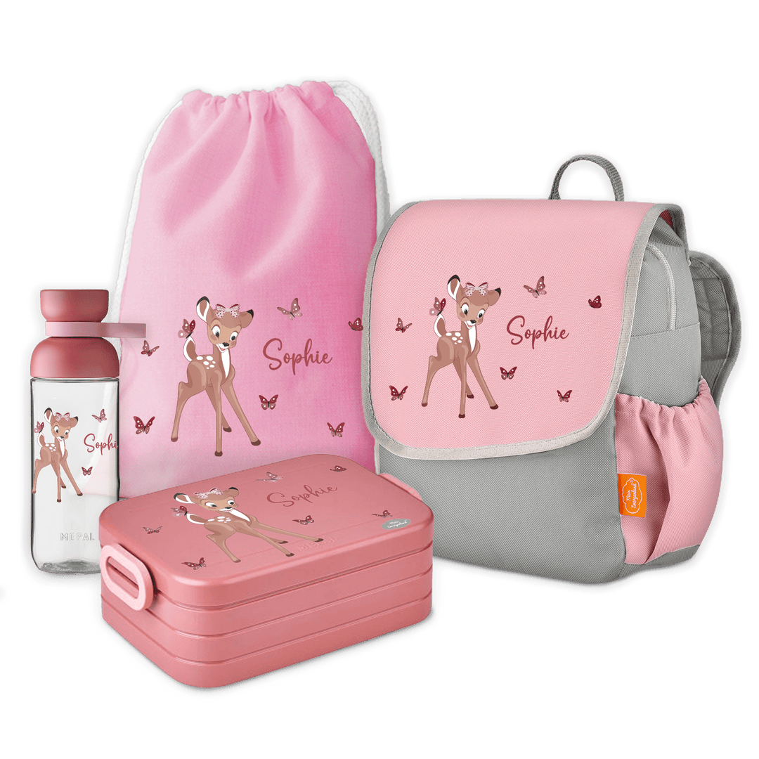 Kindergartenrucksack mit Namen Happy Knirps 4-teiliges Set Reh mit Schmetterlingen personalisiert rosa