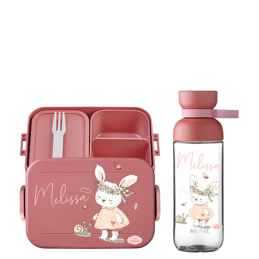 Personalisierte Mauve Rosa Brotdose und Trinkflasche mit Hasen- und Schneckenmotiv für Kinder