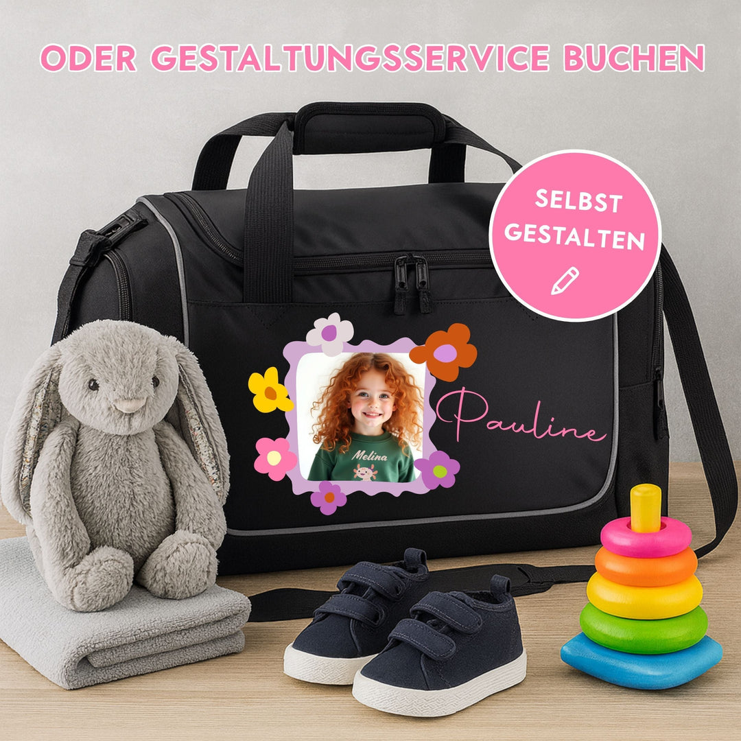 Kinder Sporttasche personalisiert mit Namen und Motiv, 38L Fassungsvermögen, schwarz