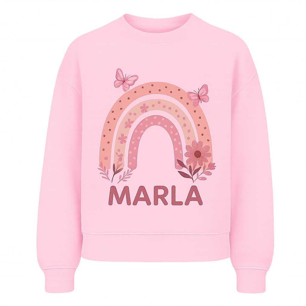 Kinder Sweatshirt mit Namen in rosa mit Regenbogen- und Schmetterlingsdesign aus Baumwollmischung