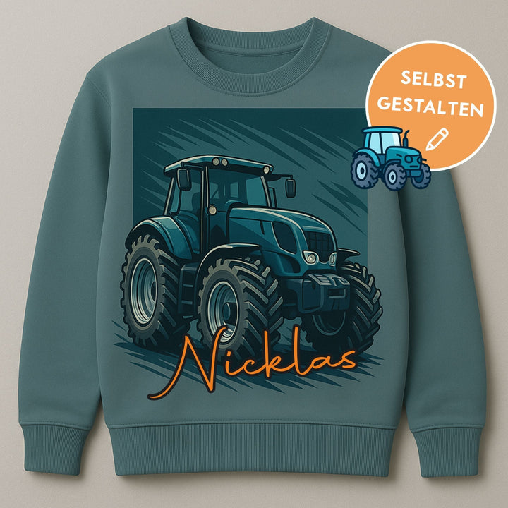 Kinder Sweatshirt mit individuellem Traktor-Motiv und personalisiertem Namen selbst gestalten