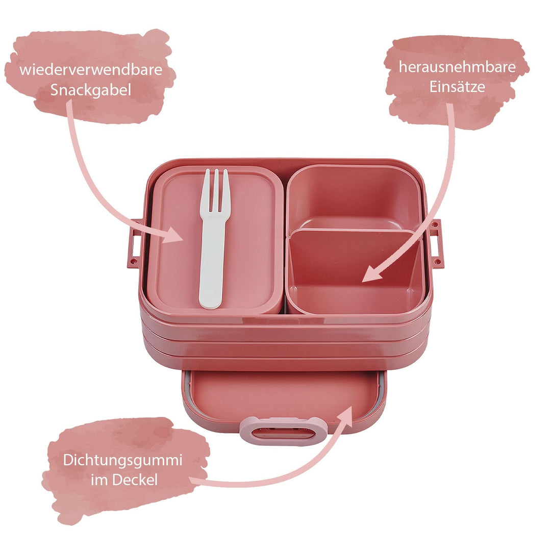 Bento Brotdose offen mit Bento
Einsetzen und Gabel inin alt rosa 185x120x65mm