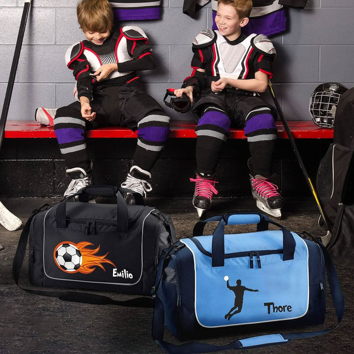 Kinder-Sporttasche mit Namen personalisiert 38L schwarz - Motiv Fussball Flammen
