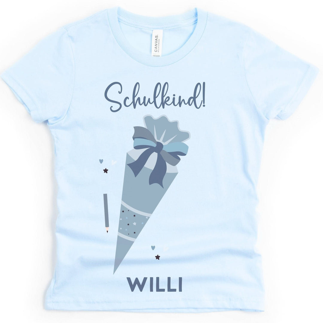 Blaues Kinder T-Shirt mit Schulkind Motiv und individuellem Namen personalisiert
