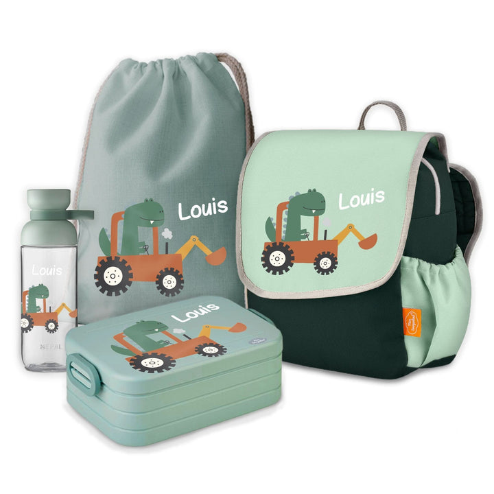 Kindergartenrucksack mit Namen Dino und Bagger 4-teiliges Set personalisiert mit Trinkflasche, Brotdose und Turnbeutel