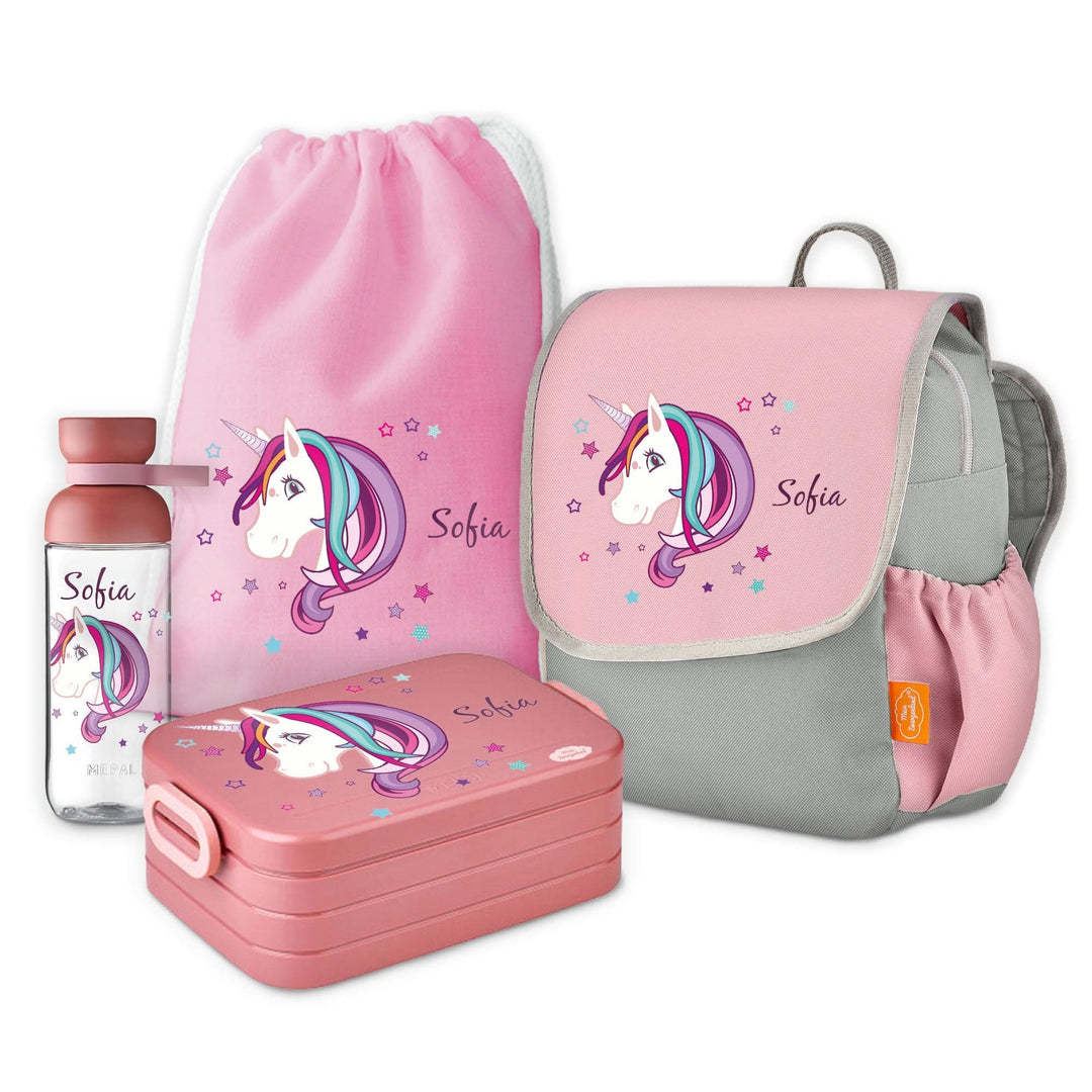 Kindergartenrucksack mit Namen Einhorn 4-teiliges Set rosa personalisiert