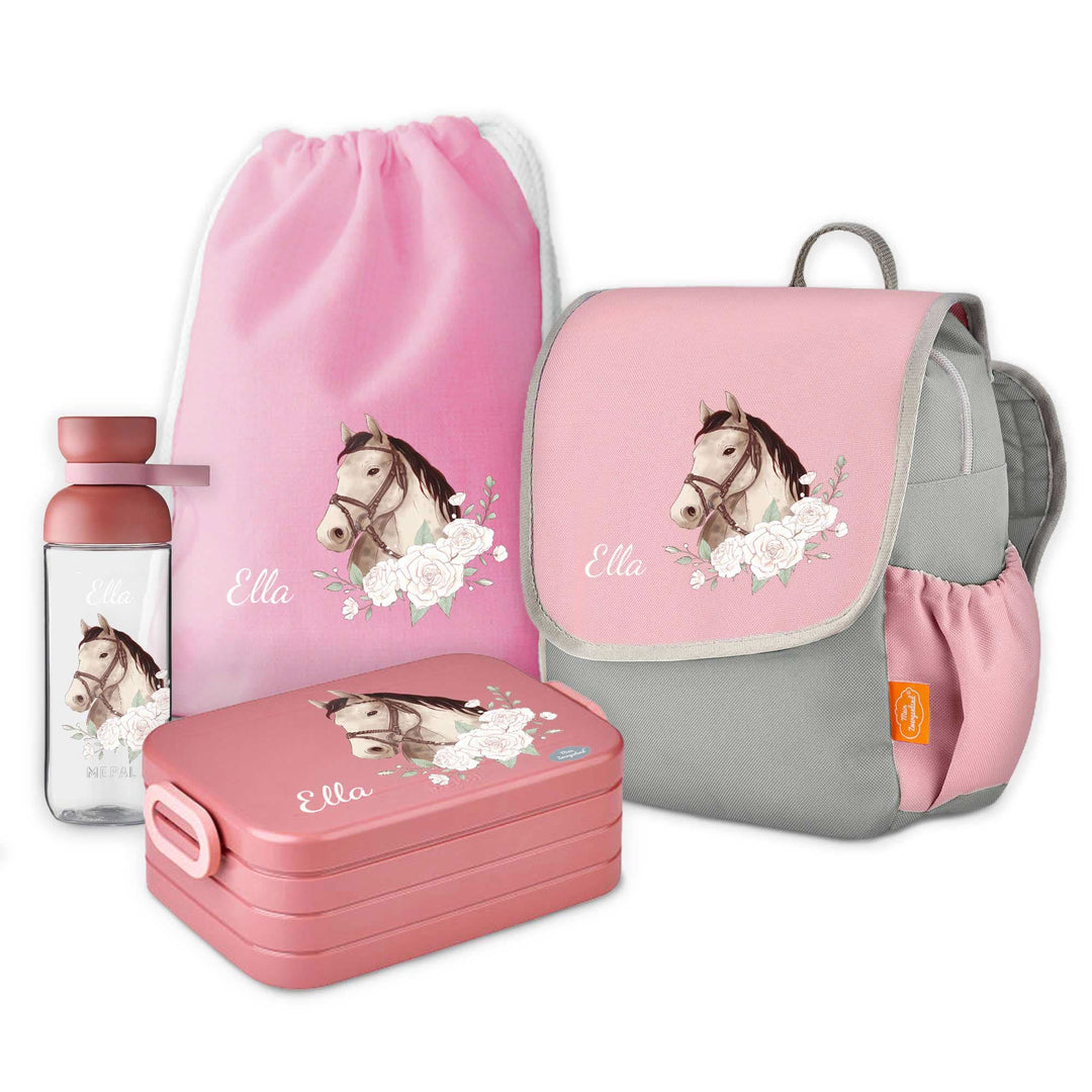 Personalisierbares 4-teiliges Kindergartenrucksack-Set mit Pferdekopf und Rosen, inklusive Brotdose, Trinkflasche und Turnbeutel, mit Namen "Ella"