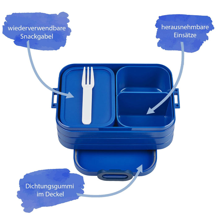 Bento Brotdose offen mit Bento
Einsetzen und Gabel in royalblue 185x120x65mm