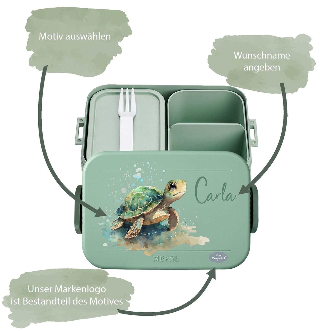 Bento Brotdose offen mit Bento
Einsetzen und Gabel in salbei grün 185x120x65mm mit Schildkröte