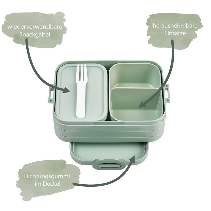 Lunchbox in Nordic Sage mit Bento Einsätzen und Gabel offen