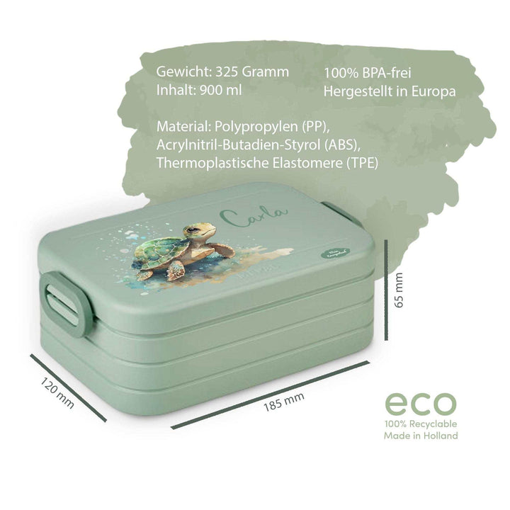 Brotdose in Nordic Sage mit Größenangaben 185x120x65mm