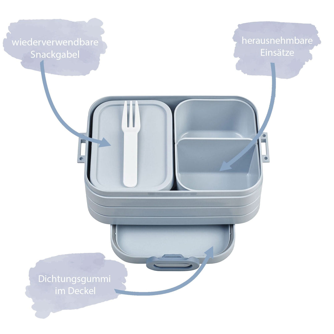 Bento Brotdose in Nordic Blue mit Bentoeinsätzen und Gabel