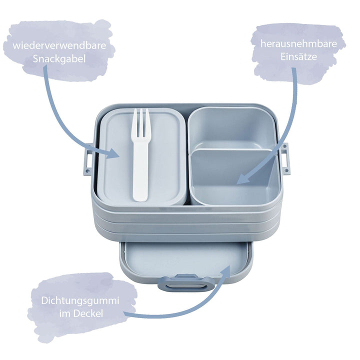 Bento Brotdose in Nordic Blue mit Bentoeinsätzen und Gabel