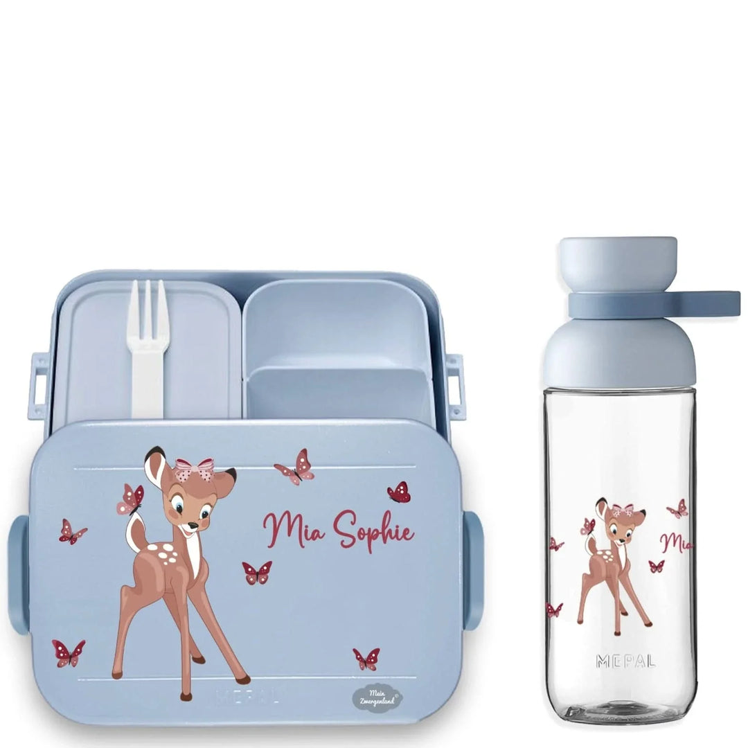 Personalisierte Brotdose mit Namen und passende Trinkflasche in Nordic Blue mit Reh- und Schmetterlingsmotiv