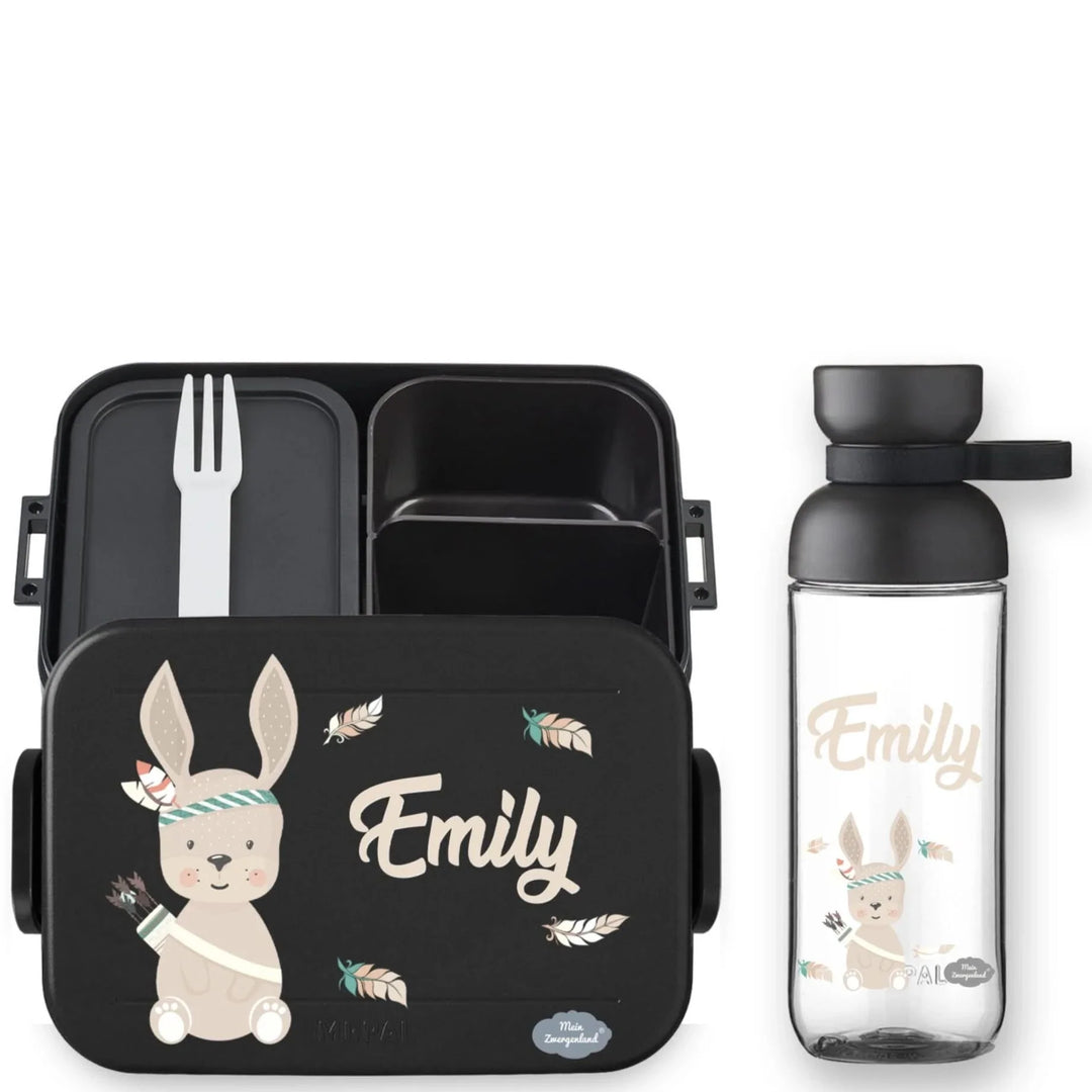 Personalized black lunchbox and water bottle set with bunny design and name Emily, BPA-free and durable.