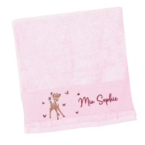 Handtuch_rosa_mit_reh und Schmetterlingen personalisierbar