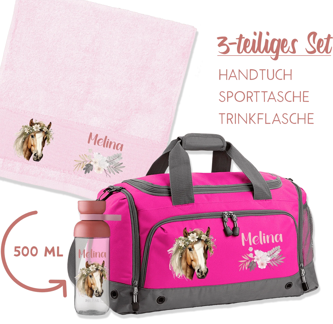 Personalisierte Sporttasche mit Namen Melina, passendes Handtuch und Trinkflasche mit Pferdemotiv, 3-teiliges Geschenkset für Kinder