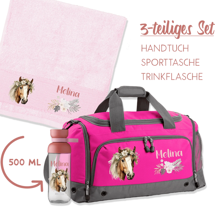 Personalisierte Sporttasche mit Namen Melina, passendes Handtuch und Trinkflasche mit Pferdemotiv, 3-teiliges Geschenkset für Kinder