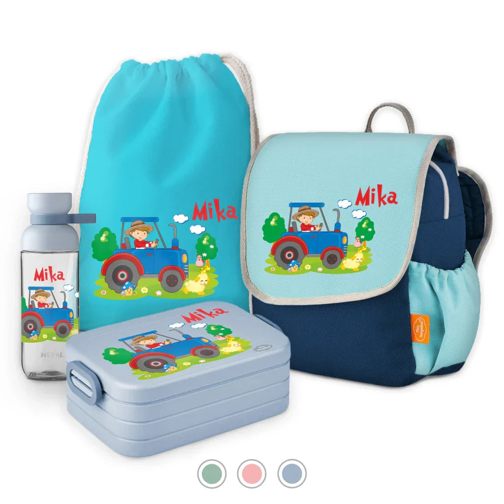 Happy Knirps Set 4 teilig Rucksack Turnbeutel Trinklflasche Brotdose mit Traktor