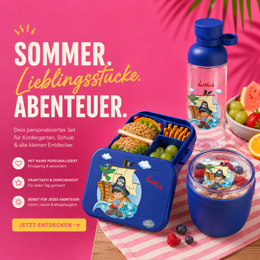 Personalisierte Brotdose und Trinkflasche für Kinder mit Namen – hochwertiges Mepal-Pausenset in Rosa, Blau, Noridc Blue, Schwarz oder Grün