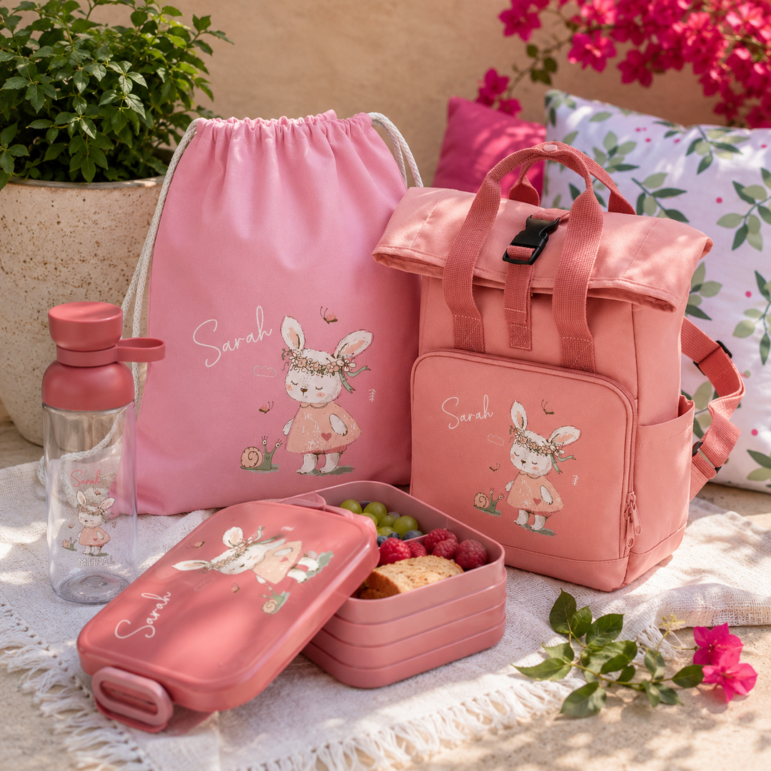 Kindergartenrucksack mit Namen personalisiert – Roll Top 4-teiliges Set