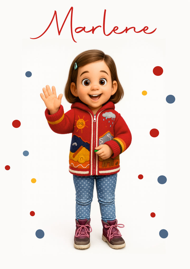 Illustration eines Kindes im Pixar-Stil: lächelndes Mädchen mit braunen Haaren und Haarspange, trägt eine rote Jacke mit bunten Motiven, blaue gepunktete Hose und Stiefel mit rosa Schnürsenkeln. Das Kind winkt fröhlich. Umgeben von bunten Punkten auf weißem Hintergrund. Oben steht der Name Marlene in roter Schrift.“