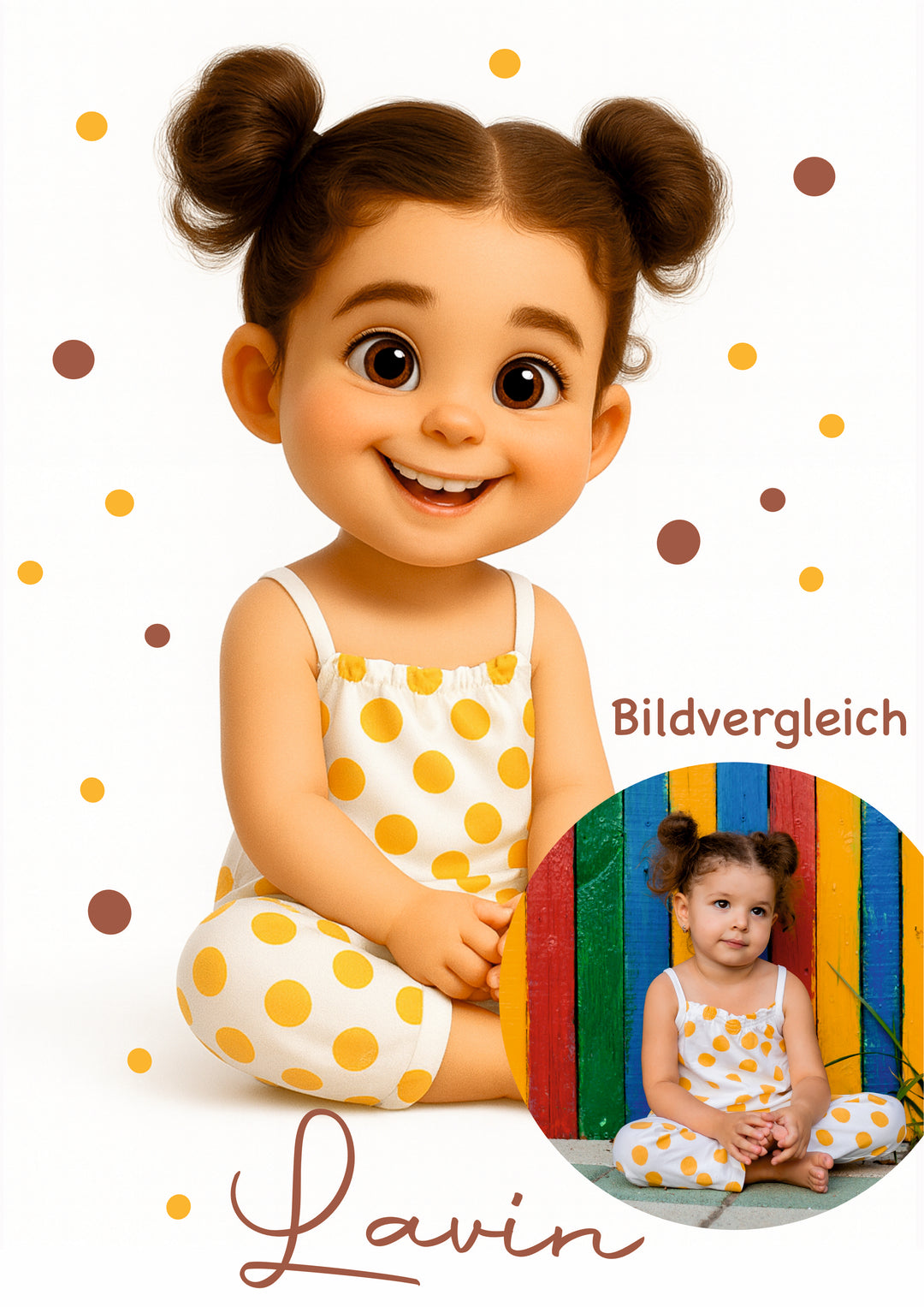 Illustration eines Kindes im Pixar-Stil: lachendes Mädchen mit zwei Dutts, bekleidet mit weißem Outfit mit gelben Punkten, sitzt fröhlich im Schneidersitz. Umgeben von gelben Schmetterlingen auf weißem Hintergrund. Unten steht der Name Lavin in geschwungener Schrift.“