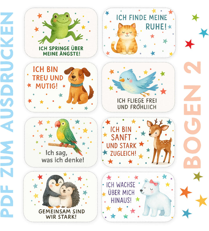 Bunte Affirmationskarten für Kinder mit Tieren und motivierenden Sprüchen zum Ausdrucken und Selbstvertrauen stärken