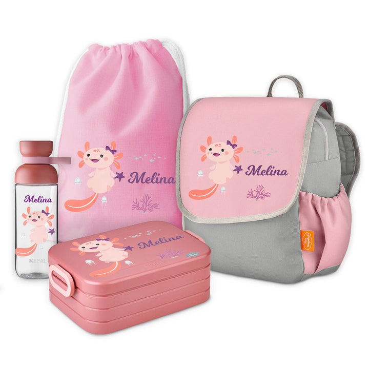Happy Knirps Kindergarten Rucksack Set 4-teilig mit Namen - Axolotl mit Koralle - Mein Zwergenland