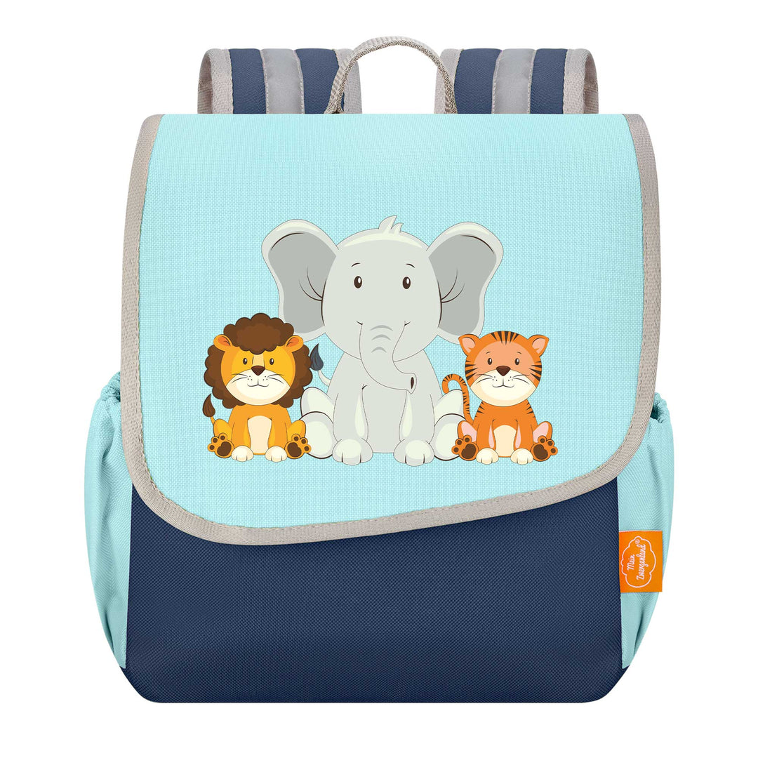 Kindergarten Rucksack Set mit Namen Happy Knirps 4-teilig - Elefant Löwe Tiger - Mein Zwergenland