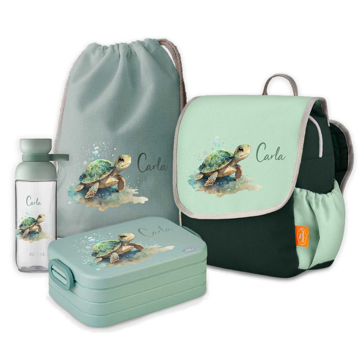 Kindergarten Rucksack Set mit Namen Happy Knirps 4-teilig - Schildkröte Watercolor