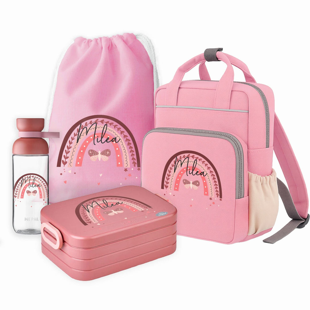 Personalisierter rosa Kindergartenrucksack mit Namen, Brotdose, Trinkflasche und Turnbeutel im 4-teiligen Set