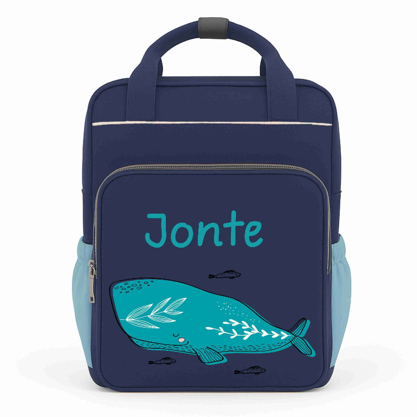 Kindergartenrucksack mit Namen "Jonte" und Wal-Motiv, personalisierbarer, leichter Kinderrucksack für Kita und Vorschule