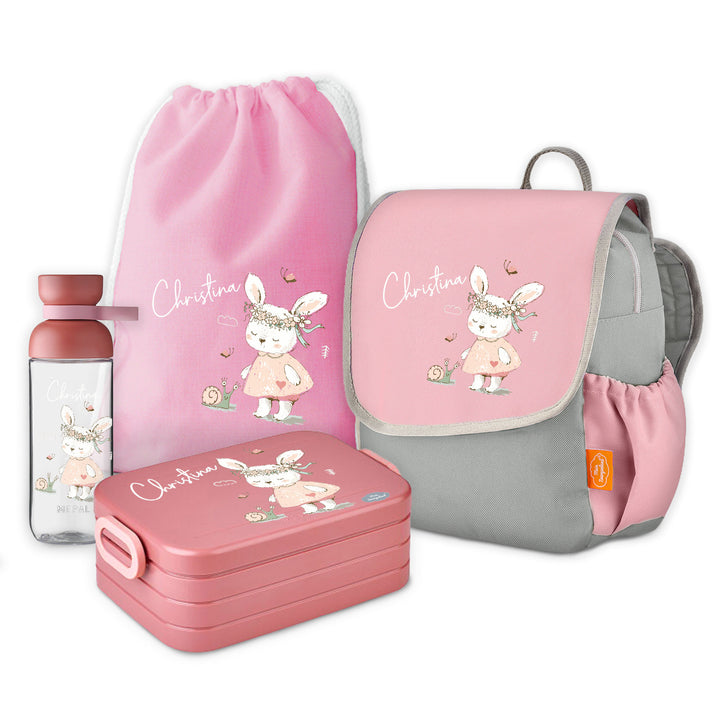 Happy Knirps Kindergarten Rucksack Set 4-teilig mit Namen - Hase mit Schnecke - Mein Zwergenland