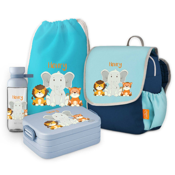 Rucksack Turnbeutel Trinkflasche Brotdose in blau mit Elefant Löwe und Tiger