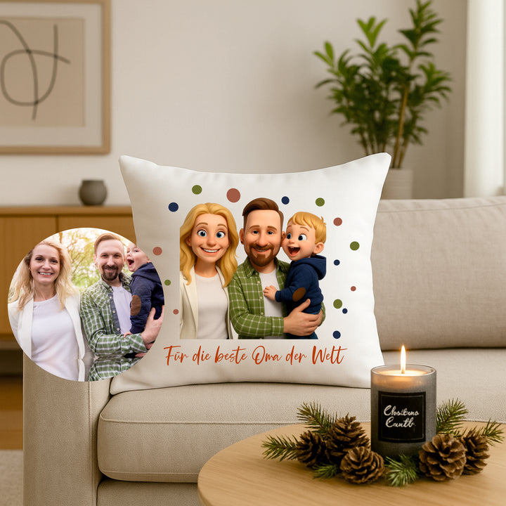 Personalisiertes Fotokissen mit Namen & Cartoon-Portrait – Geschenk für Oma, Mama, Papa & Kinder – inkl. Inlett & Hülle