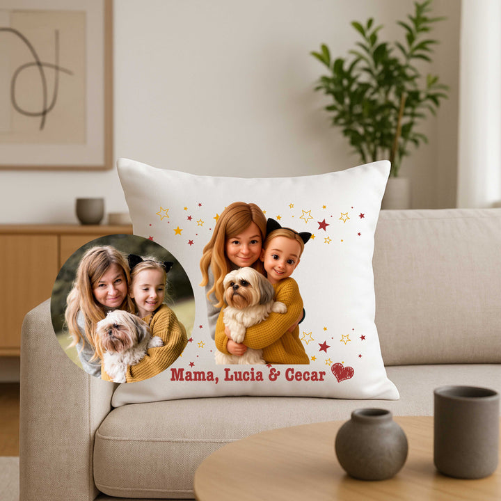 Personalisiertes Fotokissen mit Namen & Cartoon-Portrait – Geschenk für Oma, Mama, Papa & Kinder – inkl. Inlett & Hülle