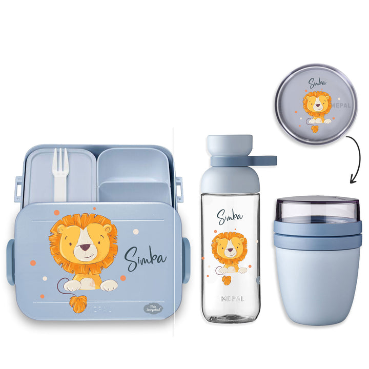Brotdose Trinkflasche und Müslibecher mit Namen in nordic Blue - Motiv Löwe mit Punkten