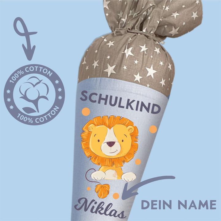 Schultüte aus Stoff mit Kissen und Namen personalisiert in blau- Motiv Loewe mit Punkten