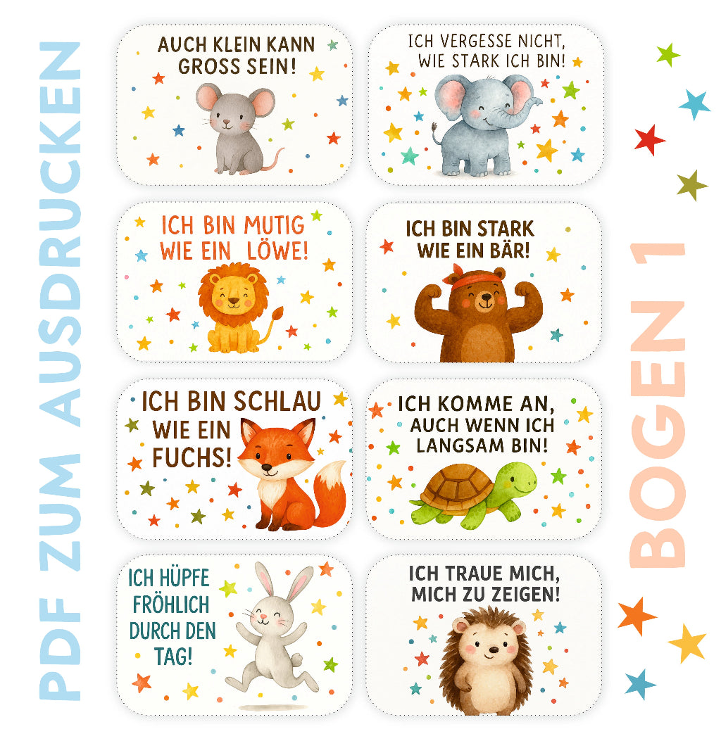 Affirmationskarten-Set für Kinder – Tierillustrationen von Schokoline, Mein Zwergenland Design