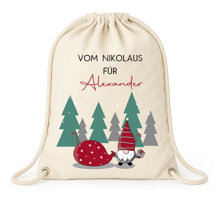 Turnbeutel mit Namen aus 100% Baumwolle, nachhaltig und personalisierbar mit weihnachtlichem Motiv.