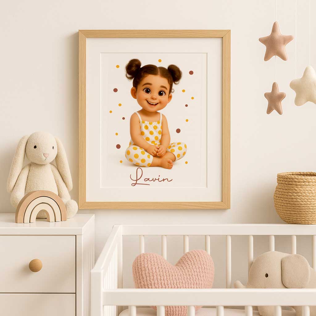 Kinderposter im Pixar-Stil mit personalisiertem Kinderportrait und Namen als digitale A3-Datei für Kinderzimmerdeko