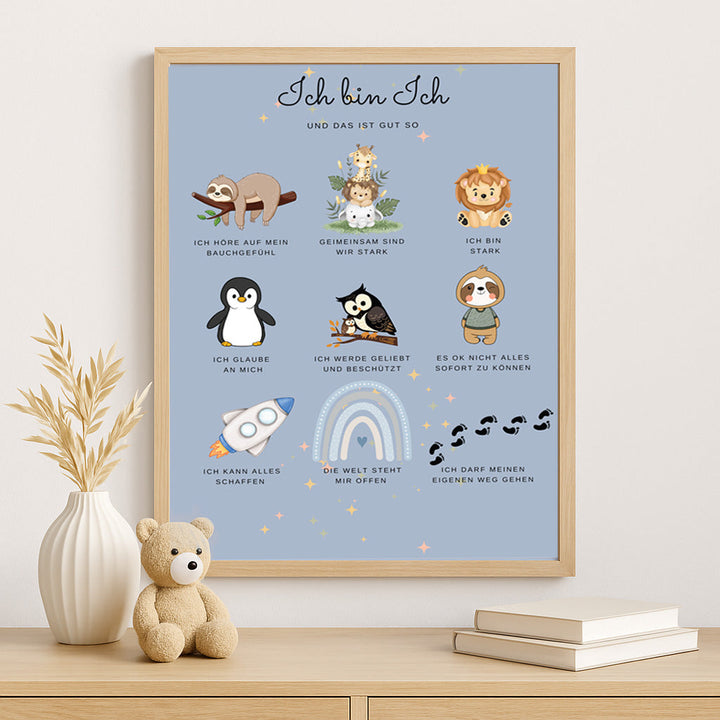 Kinder Poster Affirmationen mit bunten Tiermotiven und positiven Botschaften als digitale Kinderzimmerdeko