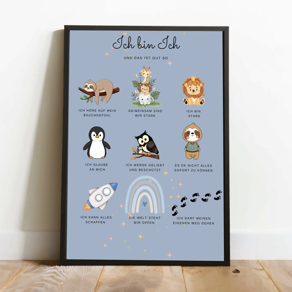 Affirmationsposter für Kinder im schwarzenHolzrahmen, Kinderzimmer Mutmach-Poster.