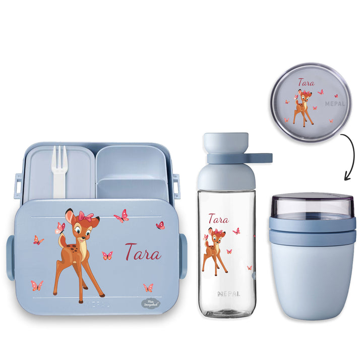 Bento Brotdose und Trinkflasche mit Namen | 3er-Pausenset nordic Blue - Mein Zwergenland