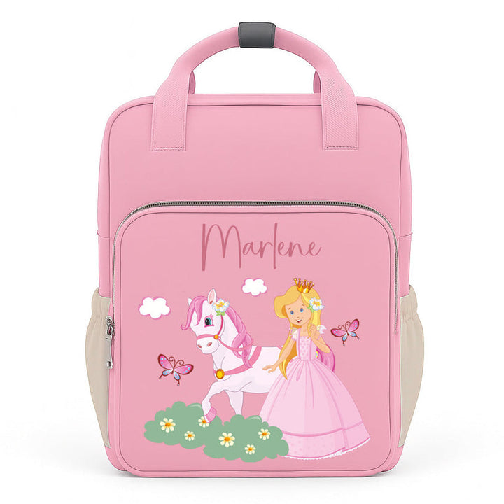 Kindergartenrucksack mit Namen personalisiert in Rosa mit Einhorn und Prinzessin Motiv